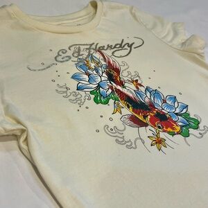 Ed Hardy Koi Fish Graphic Crop Baby Tee Cream Beige Glitter Logo Womens L Y2K